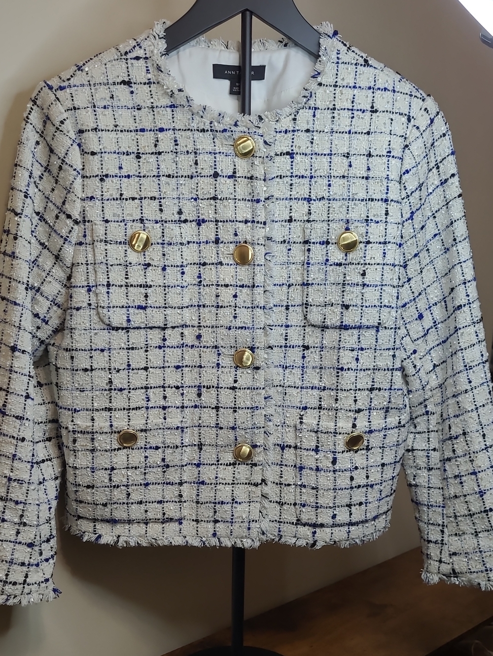 Ann Taylor White & Blue Windowpane Tweed Fringe-Trim Jacket size 10 PETITE